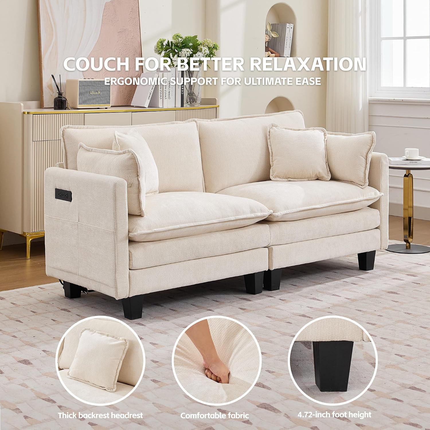 Modular Sectional Sofa, 75' Loveseat Modern Couches for Living Room, Comfy Cloud Couch with Deep Seat for Office and Apartment, with Charger, USB & Type-c Port, Beige Chenille Fabric