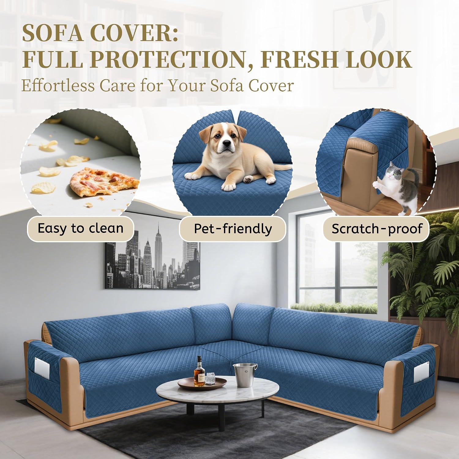 Sectional Couch Covers for Dogs 100% Waterproof Corner L Shaped Sofa Cover Pet Friendly Velvet Washable Anti Slip L Shape Modular Sofa Slipcover Protector with Pockets (Blue, Small)