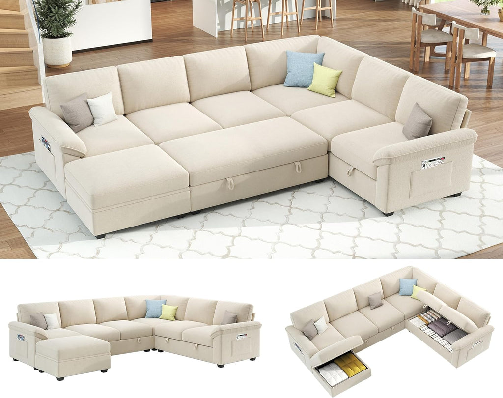 Jocisland 105' Sofa Bed, Sectional Sleeper Sofa with Pull Out Bed/Reclining Backrest, Sleeper Couch Bed with Storage, 6 Seater Couch Bed for Living Room, Chenille Beige