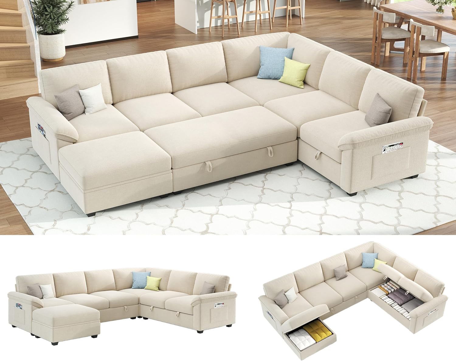 Jocisland 105' Sofa Bed, Sectional Sleeper Sofa with Pull Out Bed/Reclining Backrest, Sleeper Couch Bed with Storage, 6 Seater Couch Bed for Living Room, Chenille Beige