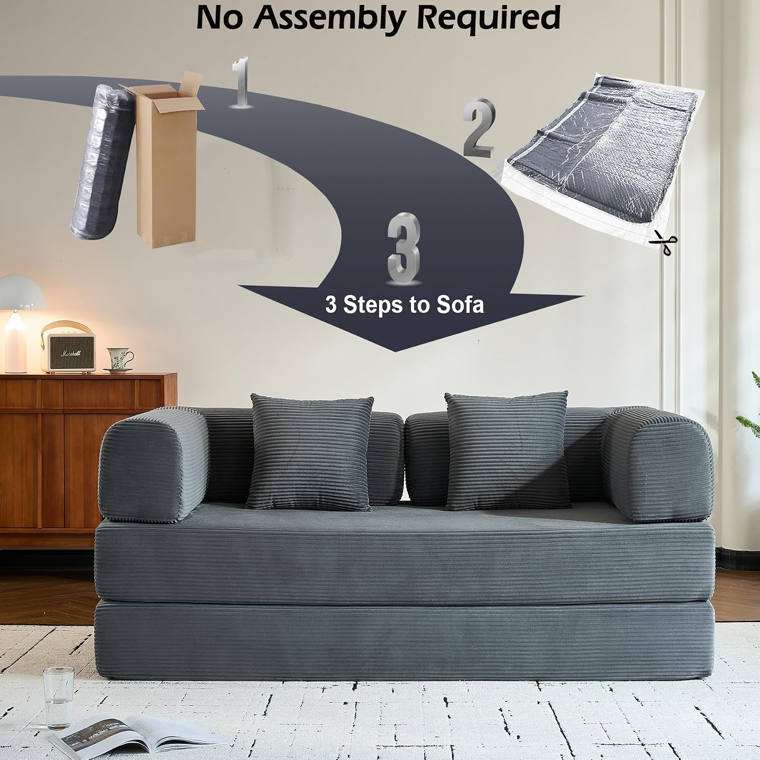 ZEIINPA Comfy Convertible Folding Mattress Couch, Floor Sofa Bed with Fixed-Shape Frame, Corduroy Floor Sofa with Armrest, Floor Sofa Lounge Couch for Living Room Bedroom Lounge Studio,Grey