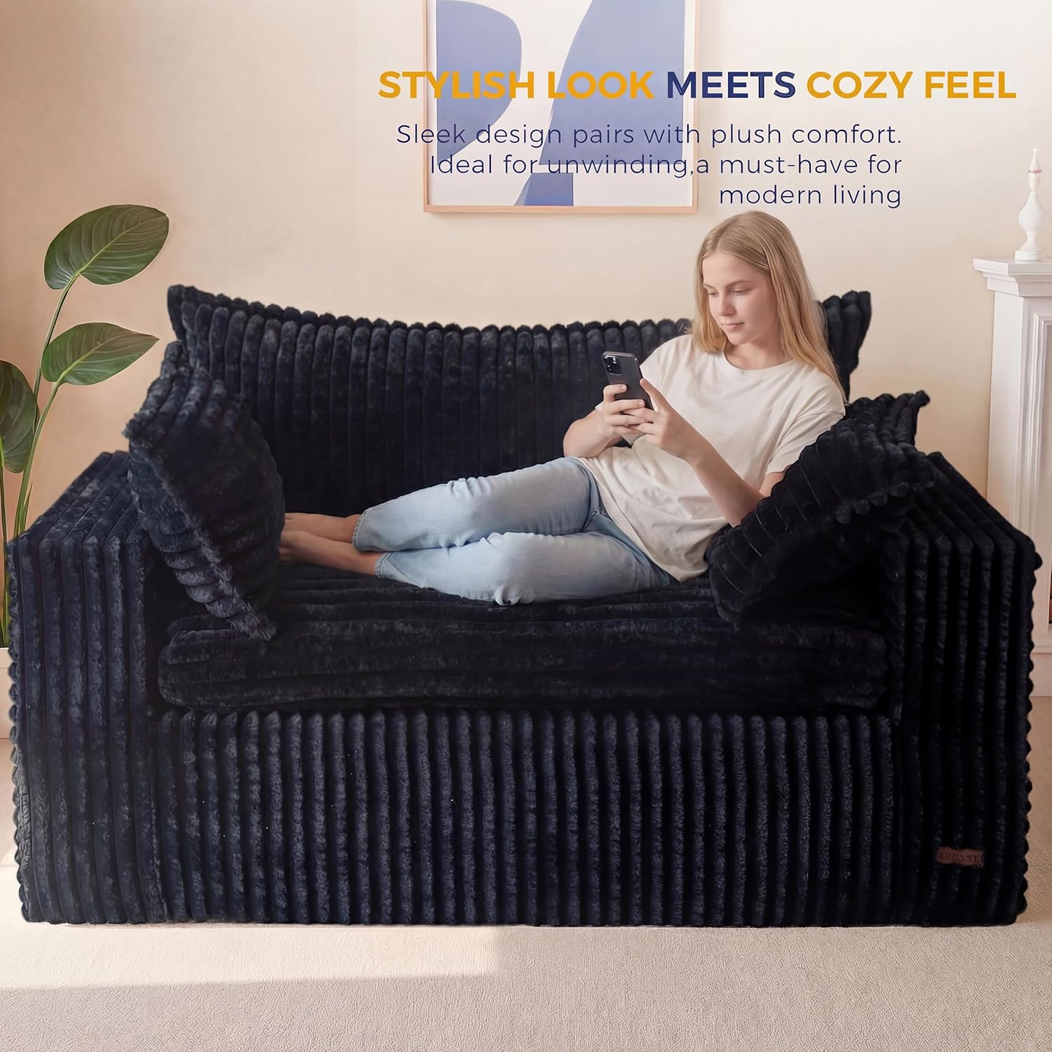 MAXYOYO 59' Bean Bag Sofa Couch, Loveseat Boneless Couch in a Box, Upholstered Small Mini Sofa with Deep Seating for Living Room Bedroom Office Apartment, No Assembly, Black