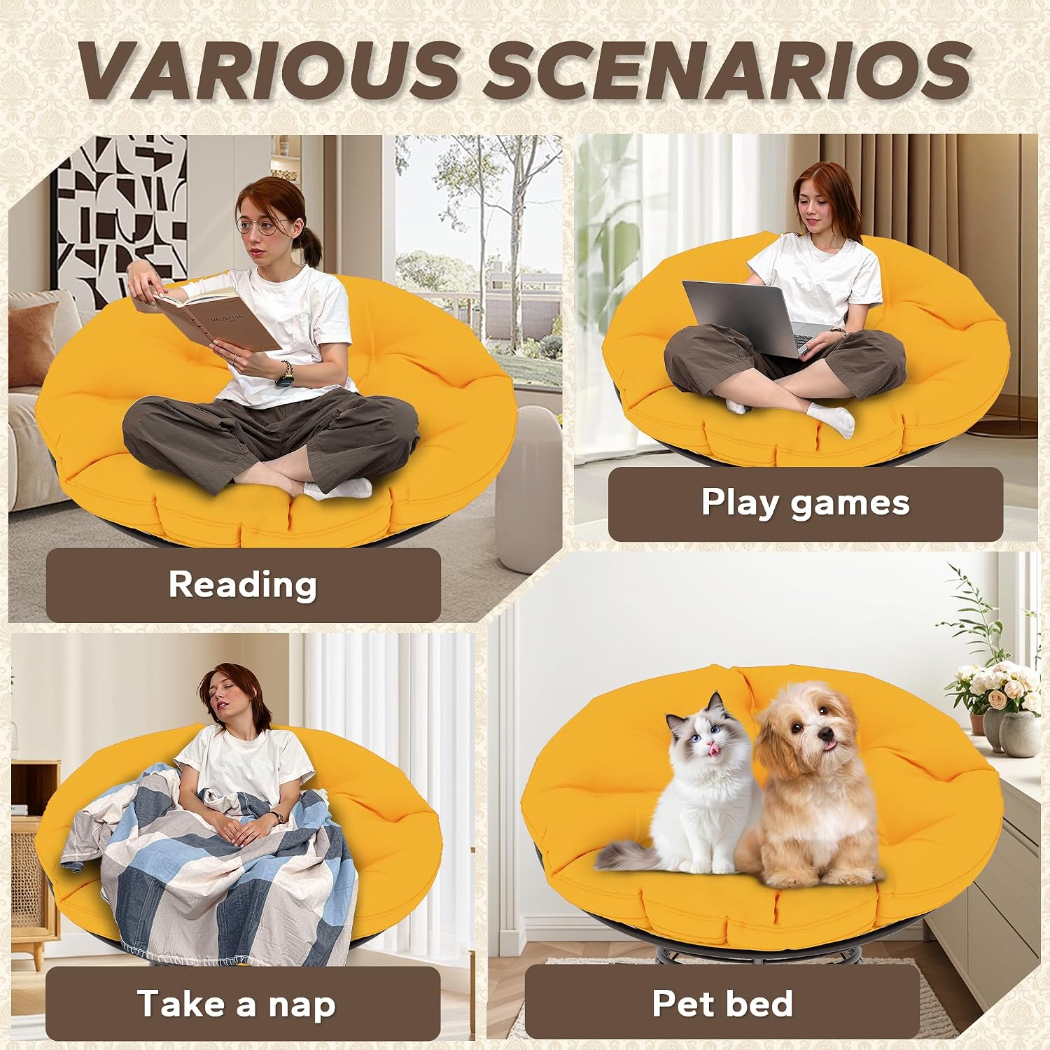 46'' Large Size Papasan Chair (Non-Swivel) with Cushion and Frame, Overstuffed Thickened Lazy Chair, Mustard Yellow