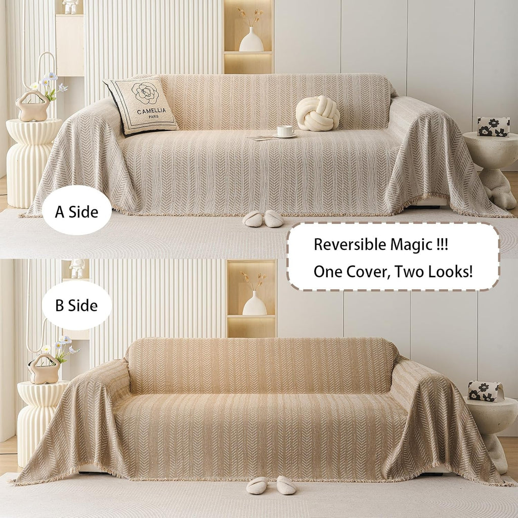 Chenille Sofa Throw Blanket with Herringbone Pattern and Tassel Edges, Thick & Soft Couch Cover, Machine Washable, Anti-Slip, Pet-Friendly, Fits 3/4-Seater (Beige, 71″x165″)