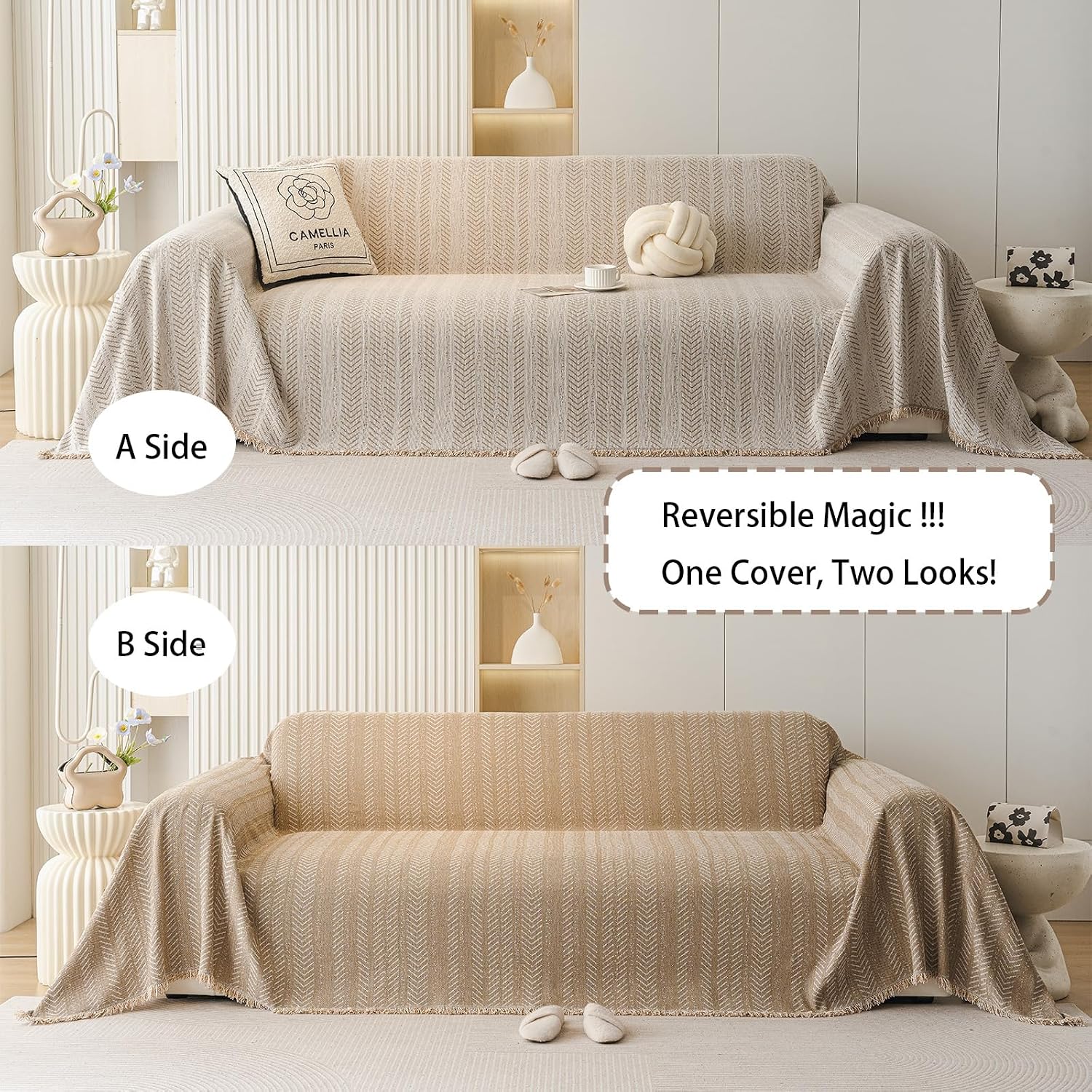 Chenille Sofa Throw Blanket with Herringbone Pattern and Tassel Edges, Thick & Soft Couch Cover, Machine Washable, Anti-Slip, Pet-Friendly, Fits 3/4-Seater (Beige, 71″x165″)