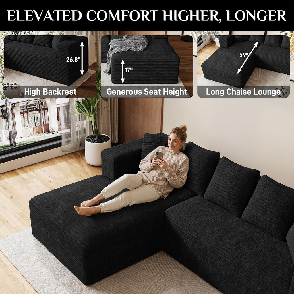 Oversized L Shaped Boneless Sectional Couches for Living Room, 107' Comfy Fluffy Cloud Modular Sectional Sofa, Plush Corduroy Memory Foam Floor Sofa with Left Facing Chaise Couch