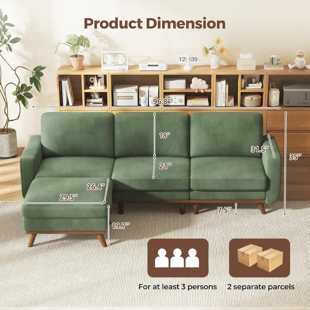 Vesgantti 97' L-Shape Modular Sofa, 3-Seat Corduroy Couch with Movable Ottoman, Sectional Sofa for Living Room, Green