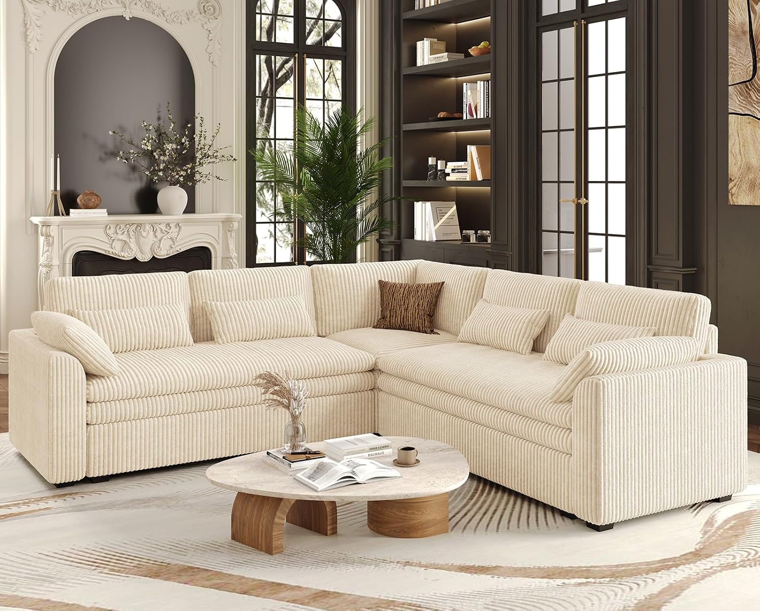 Belffin Large Modular Sectional Sofa with Double 61' Loveseat, Corduroy Corner Couch with 9' Soft Dual-Layer Seats Cushion for Living Room, Apartment, Small Sapce, Beige