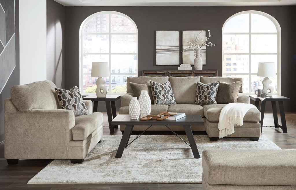 Signature Design by Ashley Stonemeade Casual Right-Arm Facing Sofa Chaise with 4 Toss Pillows, Light Brown