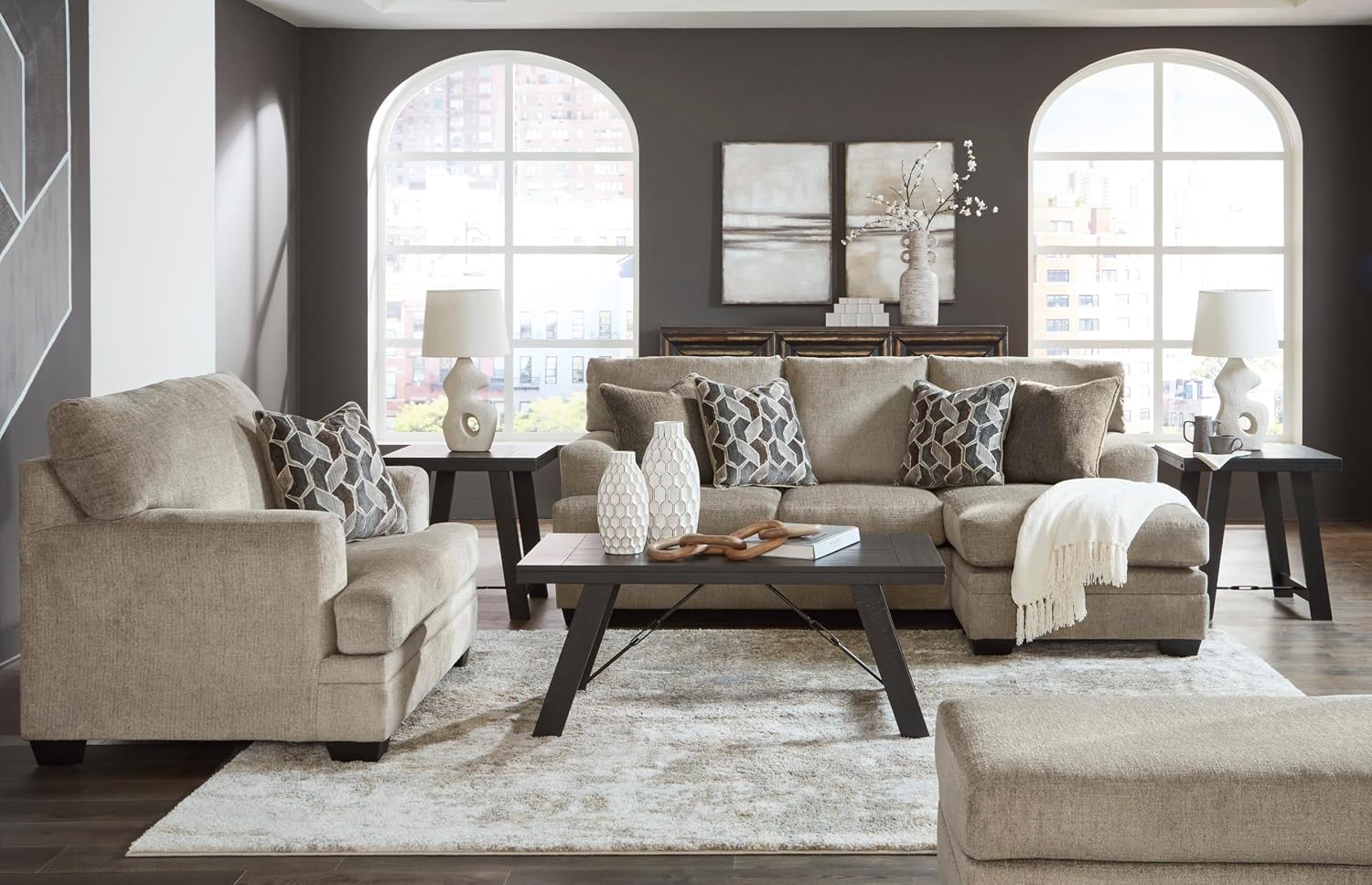 Signature Design by Ashley Stonemeade Casual Right-Arm Facing Sofa Chaise with 4 Toss Pillows, Light Brown