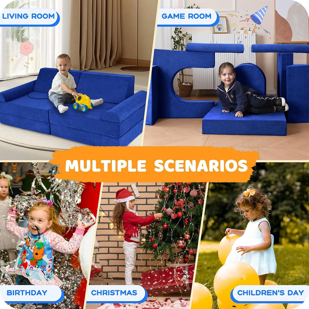 12 Pcs Modular Kids Play Couch – Premium Soft Foam, Removable Cover, Comfortable & Safe Toddler Couch for Children 1-6 Years, Portable & Easy to Clean, Ideal for Living Room & Playroom, Blue