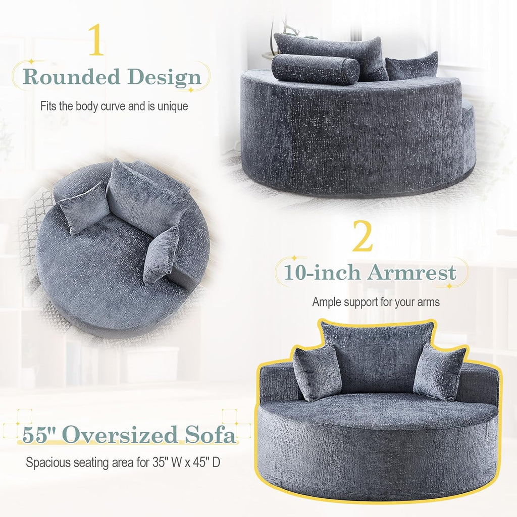 Oversized Round Chaise Longue Chair Indoor, Modern 55-inch Upholstered Chenille Deep Seat Circle Single Cloud Lounge Floor Sofa Chair for Living Room, Bedroom Apartment, Grey