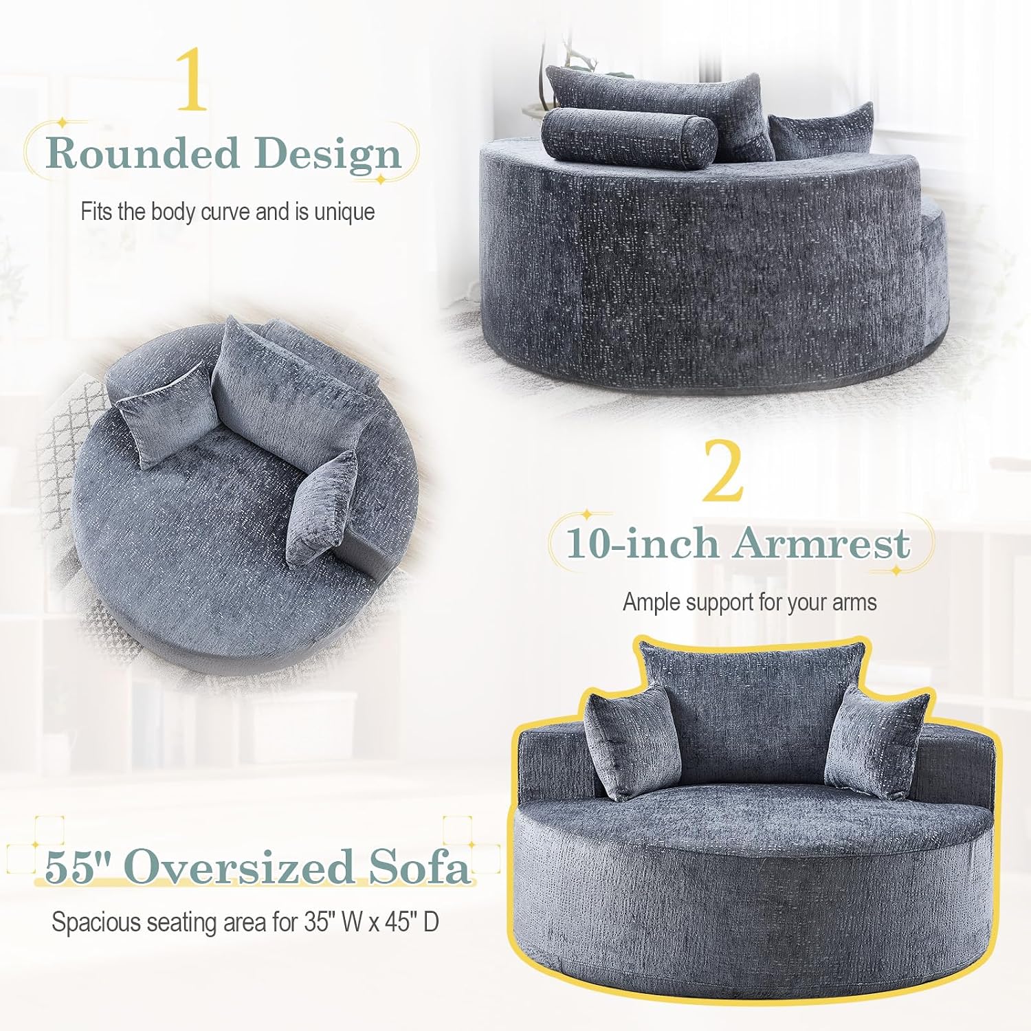 Oversized Round Chaise Longue Chair Indoor, Modern 55-inch Upholstered Chenille Deep Seat Circle Single Cloud Lounge Floor Sofa Chair for Living Room, Bedroom Apartment, Grey