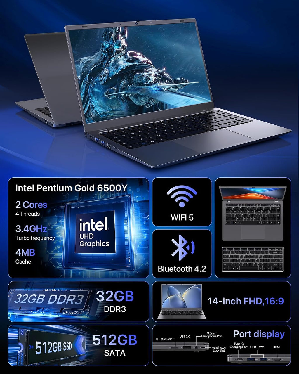 2026 Laptop, Pentium Gold 6500Y Processor(Up to 3.4GHz),32GB RAM 512GB SSD,14 Inch FHD IPS Display, 5000mAh Battery,Type-C,Portable Laptops Computer for Business Office Home