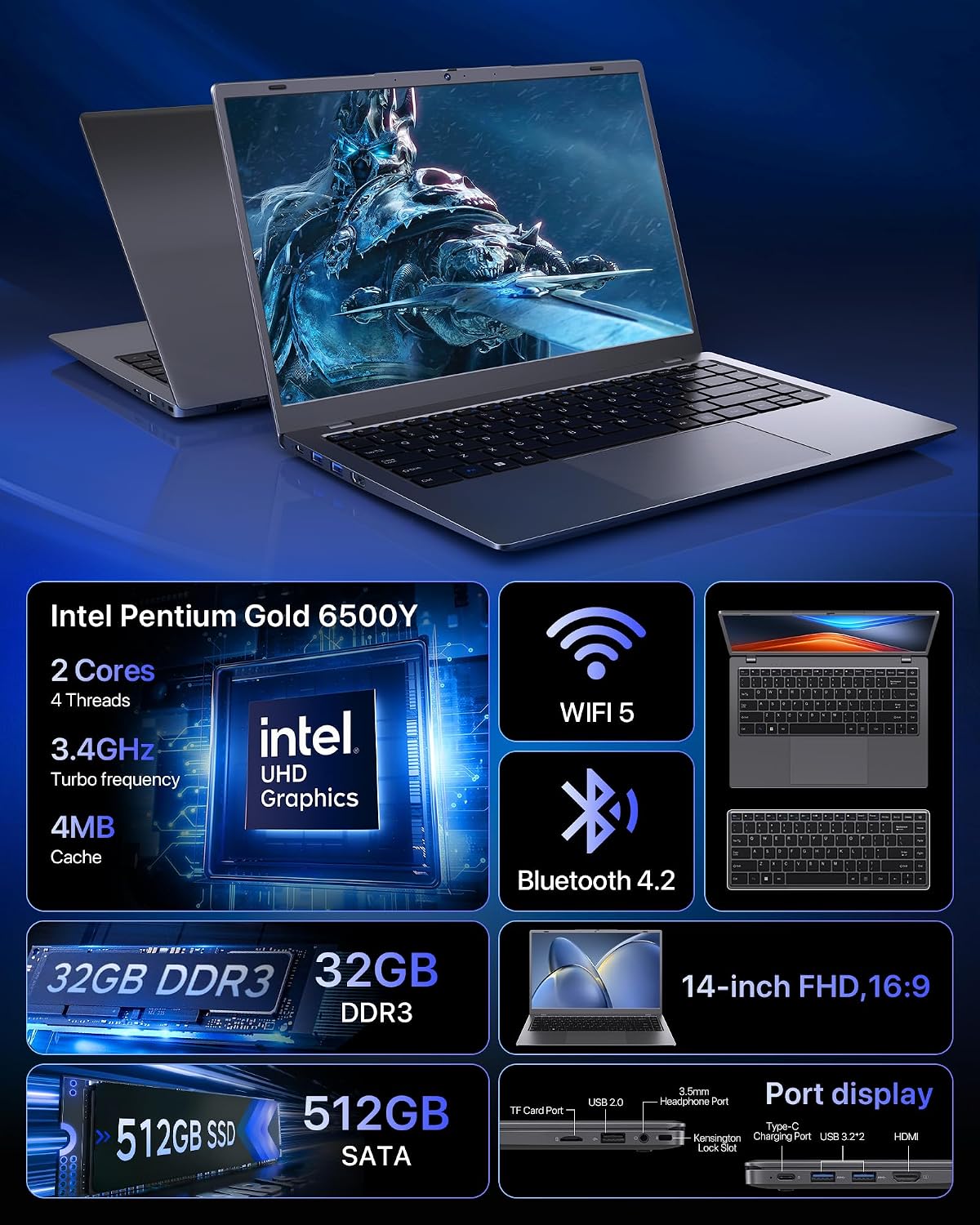 2026 Laptop, Pentium Gold 6500Y Processor(Up to 3.4GHz),32GB RAM 512GB SSD,14 Inch FHD IPS Display, 5000mAh Battery,Type-C,Portable Laptops Computer for Business Office Home