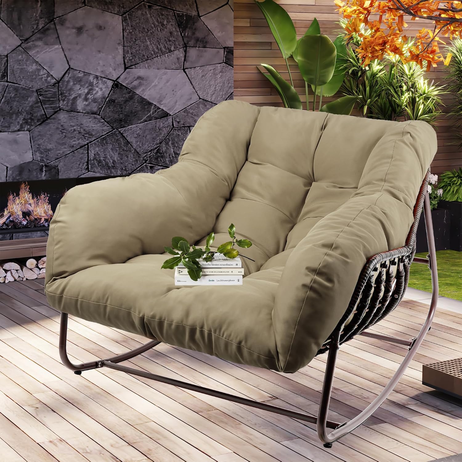 Papasan Rocking Chair Indoor & Outdoor, Oversized Patio Rocking Chairs with Padded Cushion& Pillow-Comfortable Rocker Egg Chair for Front Porch, Garden, Patio, Backyard,Brown,2PC