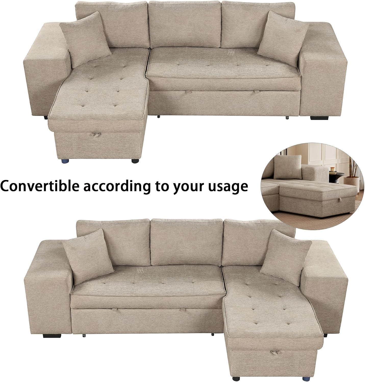 104.5 inch Reversible Sleeper Sectional Sofa with Pull Out Bed , Convertible L Shaped Sectional Couch with Storage Chaise and 2 Stools , Tufted Upholstered Pullout Sofa Bed for Living Room Apartment