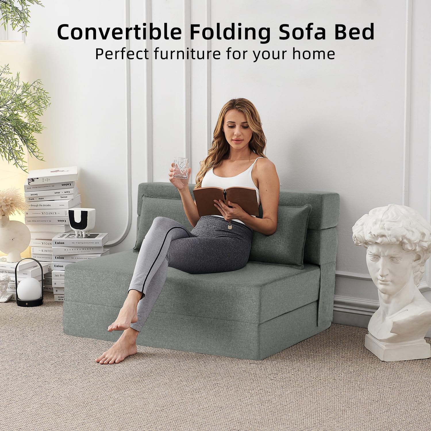 FILUXE Folding Sofa Bed | Convertible Sleeper Chair Bed for Adults, Fold Out Chair to Bed Linen Futon Chair with Pillow, for Home Dorm Apartment RV Living Room, Standard Size, Light Gray
