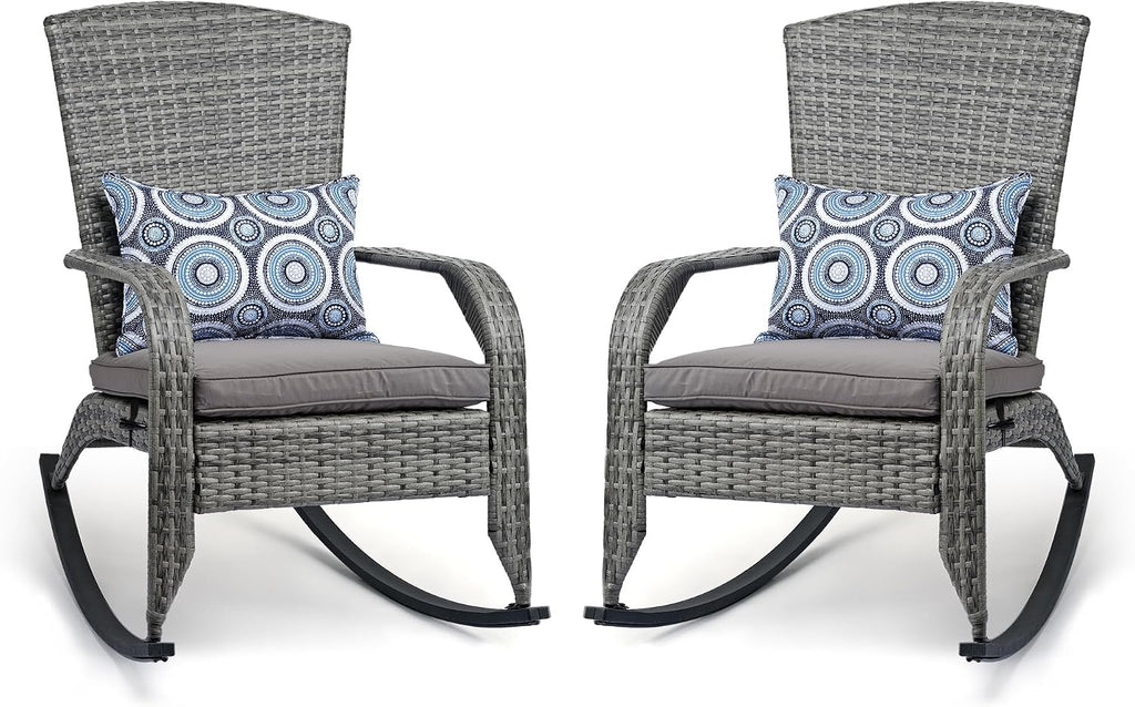 Outdoor Rocking Chairs Set of 2, Patio Rocker Chairs with Cushions & Steel Frame, All Weather Porch Rocking Chairs for Garden, Backyard, Poolside (Grey Rattan & Grey Cushion & Circle Pillow)