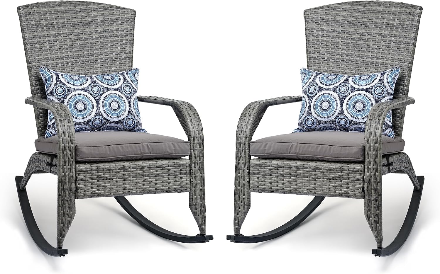 Outdoor Rocking Chairs Set of 2, Patio Rocker Chairs with Cushions & Steel Frame, All Weather Porch Rocking Chairs for Garden, Backyard, Poolside (Grey Rattan & Grey Cushion & Circle Pillow)