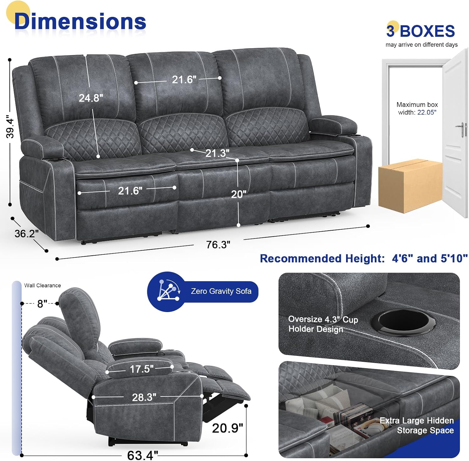 Redesigned Recliner Sofa 3 Seater Couch with Recliner, Home Theater Seating with Liftable Console & Removable Armrest, Manual Velvet Fabric Sofa Reclinering with Storage & USB Ports for Living Room