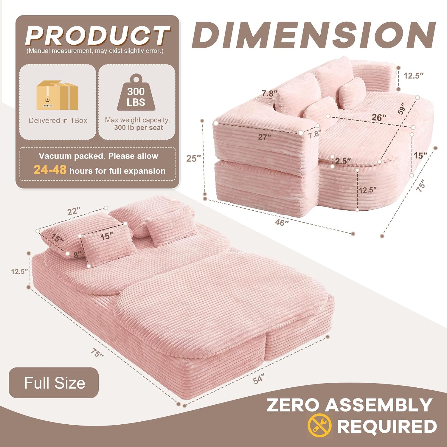 75'' Folding Sleeper Sofa Bed, Convertible Memory Foam Boneless Couch, Foldable Full Size Guest Bed, Modern 2-in-1 Futon Floor Sleeper Sofa with 4 Pillows and Blanket (Corduroy, Pink)