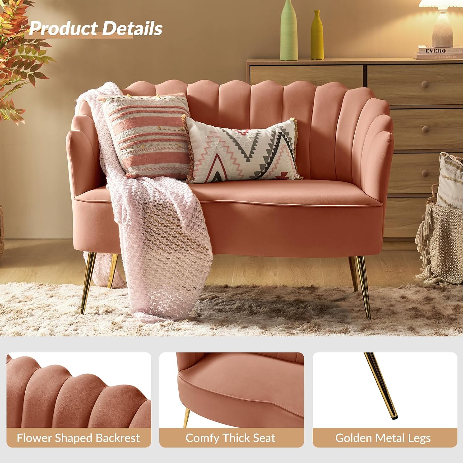 HULALA HOME Modern Velvet Loveseat Sofa with Flower Shaped Back, Comfy Upholstered 2-Seater Sofa with Gold Metal Legs, Small Love Seat Accent Couch for Living Bedroom Leisure Areas, Coral