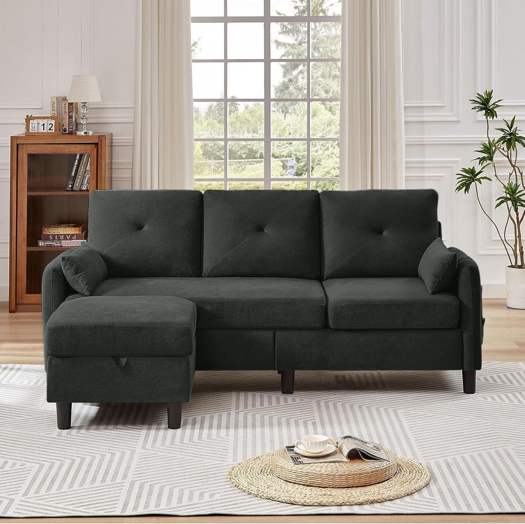 Convertible Sectional Sofa, 77' Small L Shaped 3 Seat Couch with Reversible Storage Chaise, Modern Polyester Fabric Sofa Couches for Living Room, Apartment and Small Space, Black