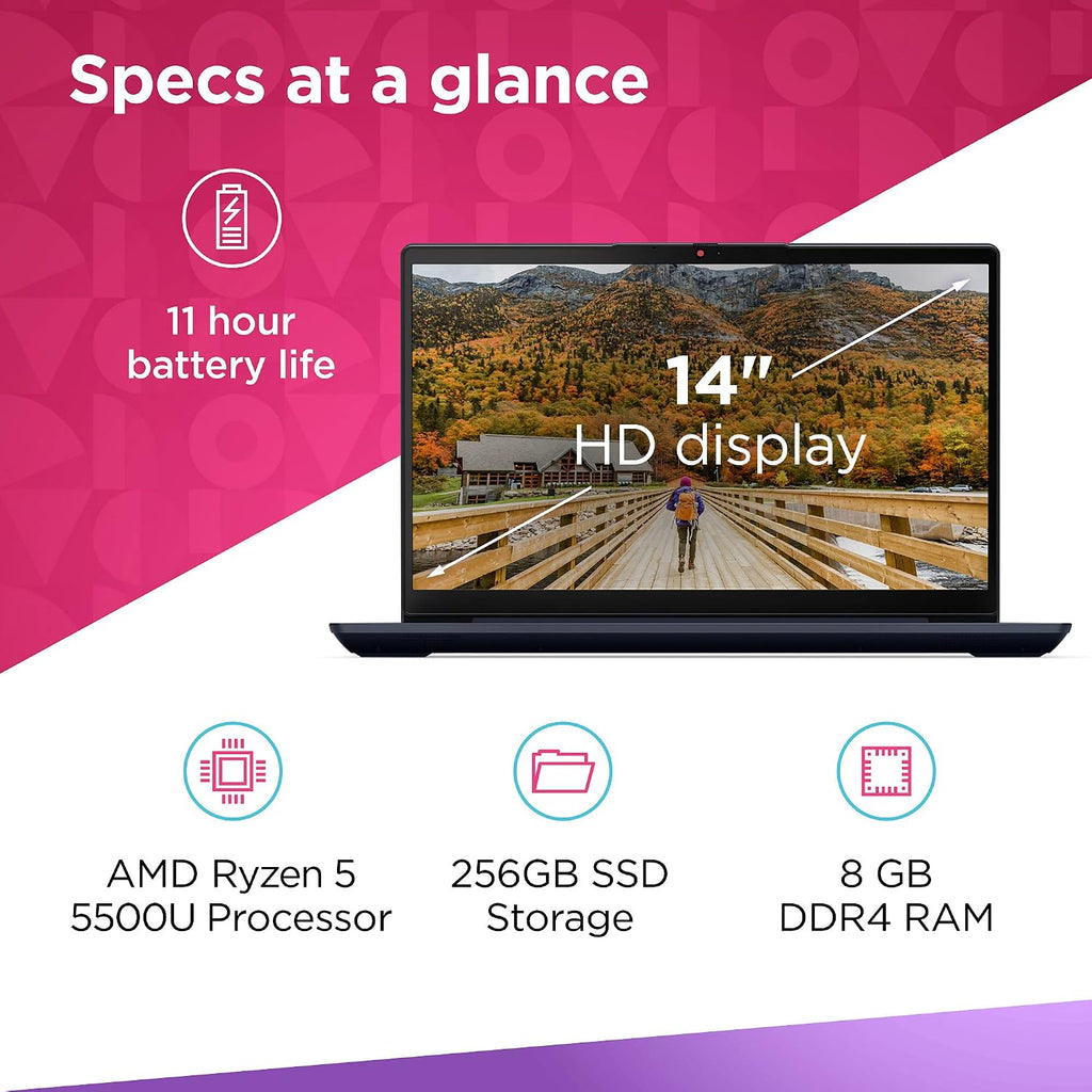 Lenovo IdeaPad 3 14 Laptop, AMD Ryzen 5 5500U, 8GB RAM, 256GB Storage, 14.0' FHD Display, AMD Radeon 7 Graphics, Windows 10 Home, Abyss Blue