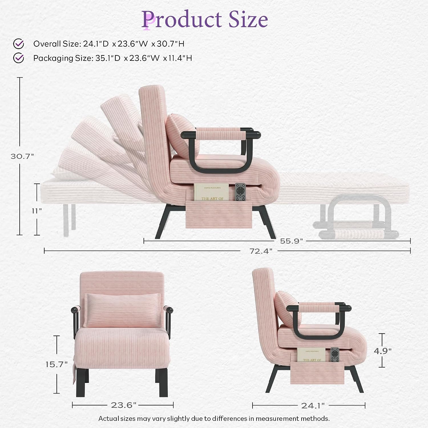 TYBOATLE Sleep Chair Bed, Comfy Convertible Sleeper Chairs for Adults, 5 in 1 Folding Sofa Bed with Adjustable Backrest & Side Pockets & Pillow, Cozy Small Corduroy Couch for Small Spaces (Pink)