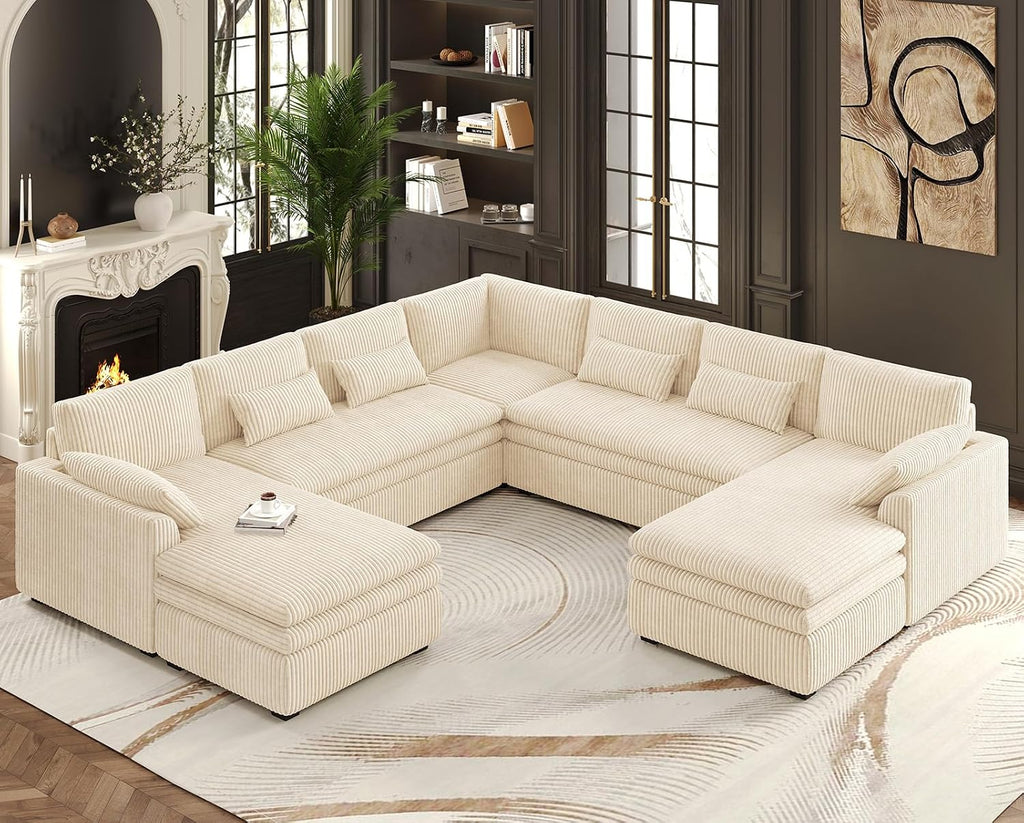 Belffin Large Modular Sectional Sofa with Double Deep Chaise and Loveseat, Corduroy U Shape Couch with 9' Soft Dual-Layer 9 Seats Cushion for Living Room, Apartment, Beige