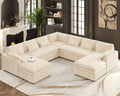 Belffin Large Modular Sectional Sofa with Double Deep Chaise and Loveseat, Corduroy U Shape Couch with 9' Soft Dual-Layer 9 Seats Cushion for Living Room, Apartment, Beige