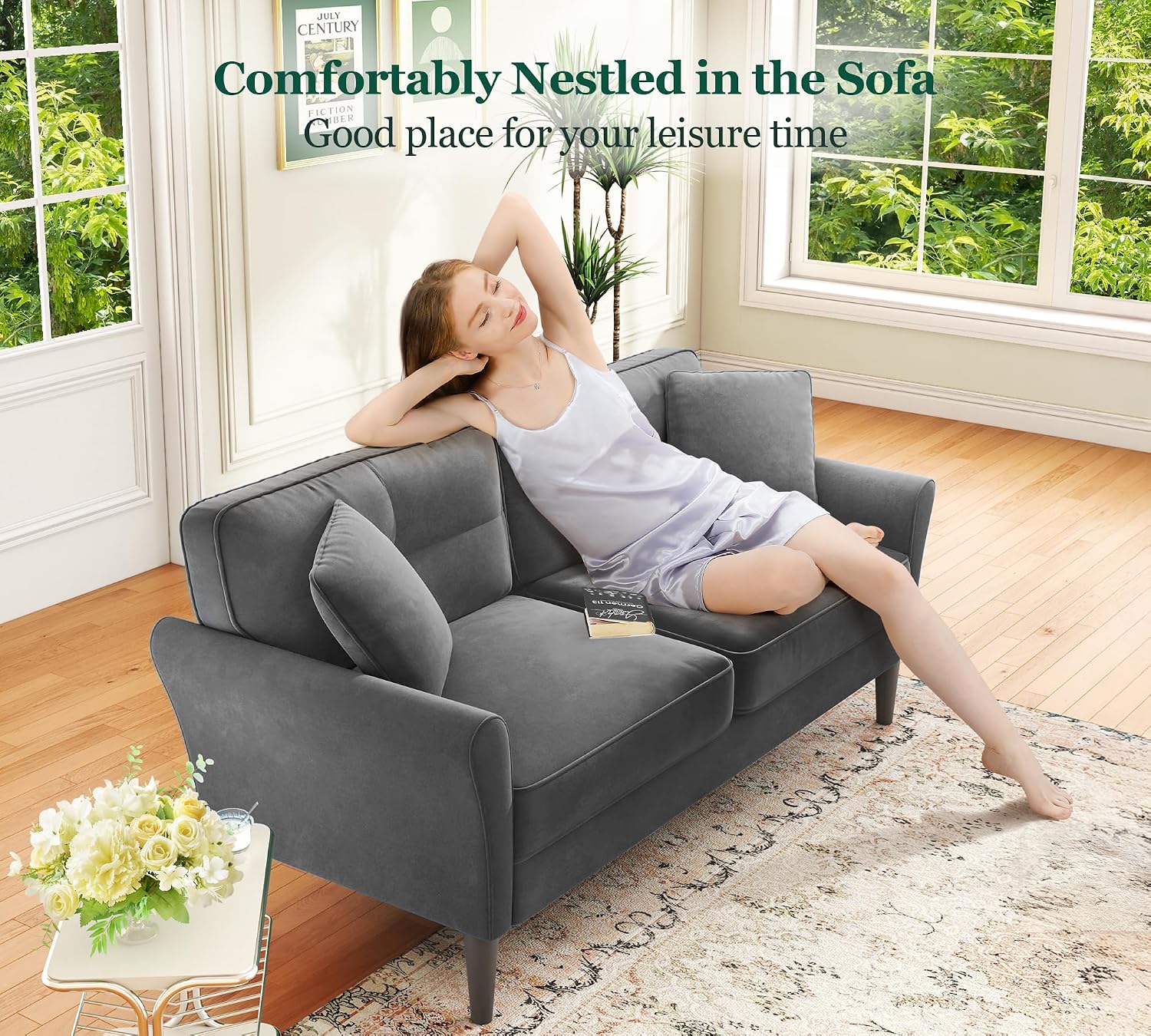 Loveseat Sofa, 69' Love Seat Couches, Comfy Velvet Small Couches for Small Spaces with 2 Pillows, Tool-Free Setup Sofas & Couches, 700lb Load Sofas for Living Room, Mini Couch for Bedroom, Charcoal