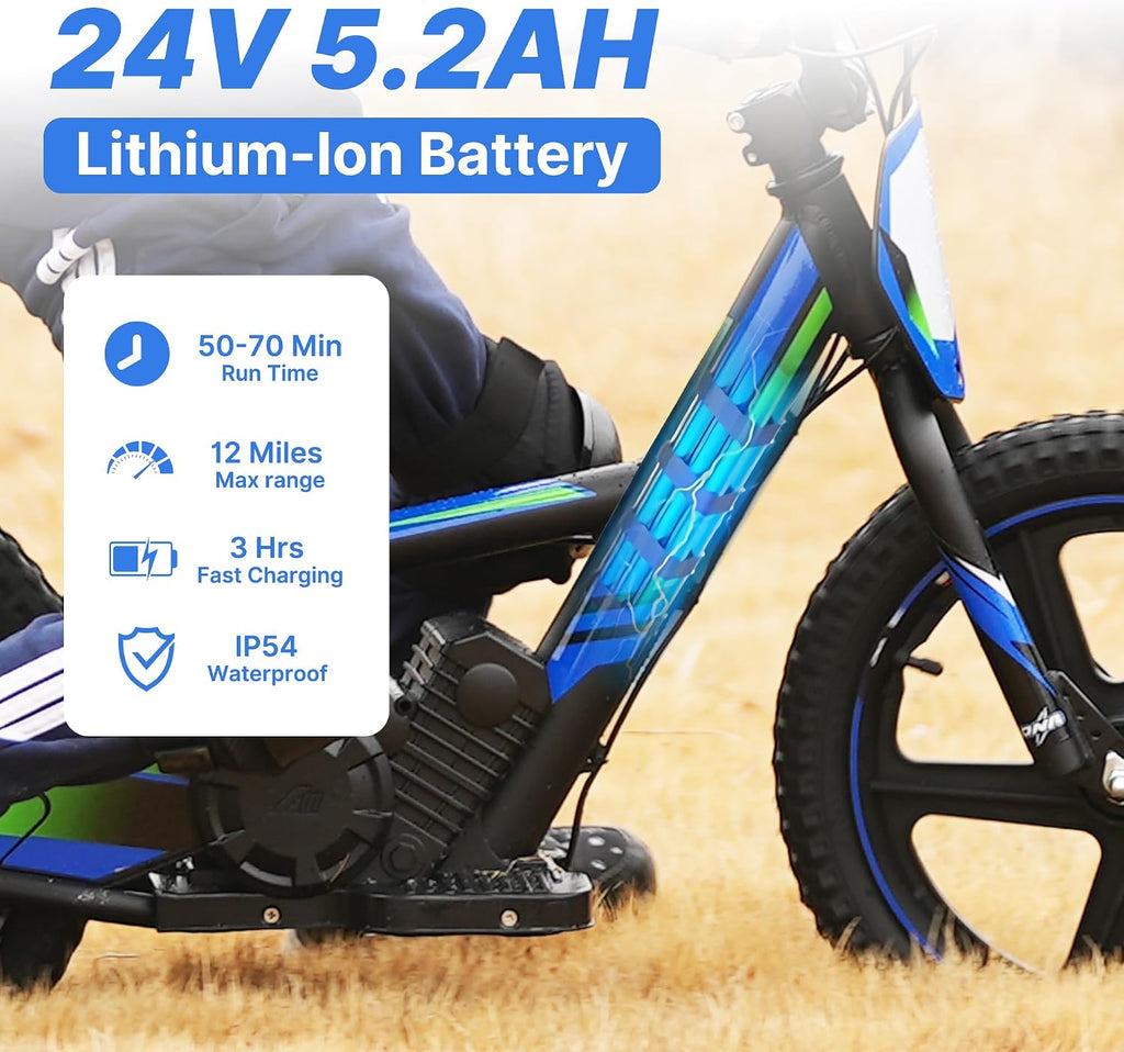 Lightweight Electric Dirt Bike for Kids, 340W Powerful Racing Grade Motorcycle Up to 12MPH, 24V Detachable Battery, 16-Inch Off-Road Tires, 3-Speed Modes Mini Motocross Bike- Ideal for Ages 5-8