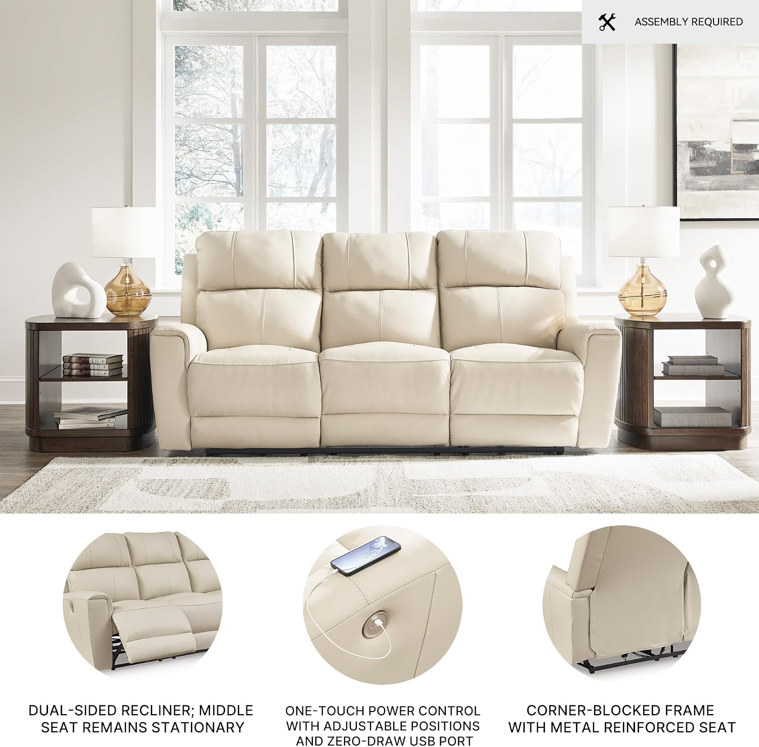 Signature Design by Ashley Dahlmoore Modern Leather Match Power Reclining Sofa with USB Ports, Beige