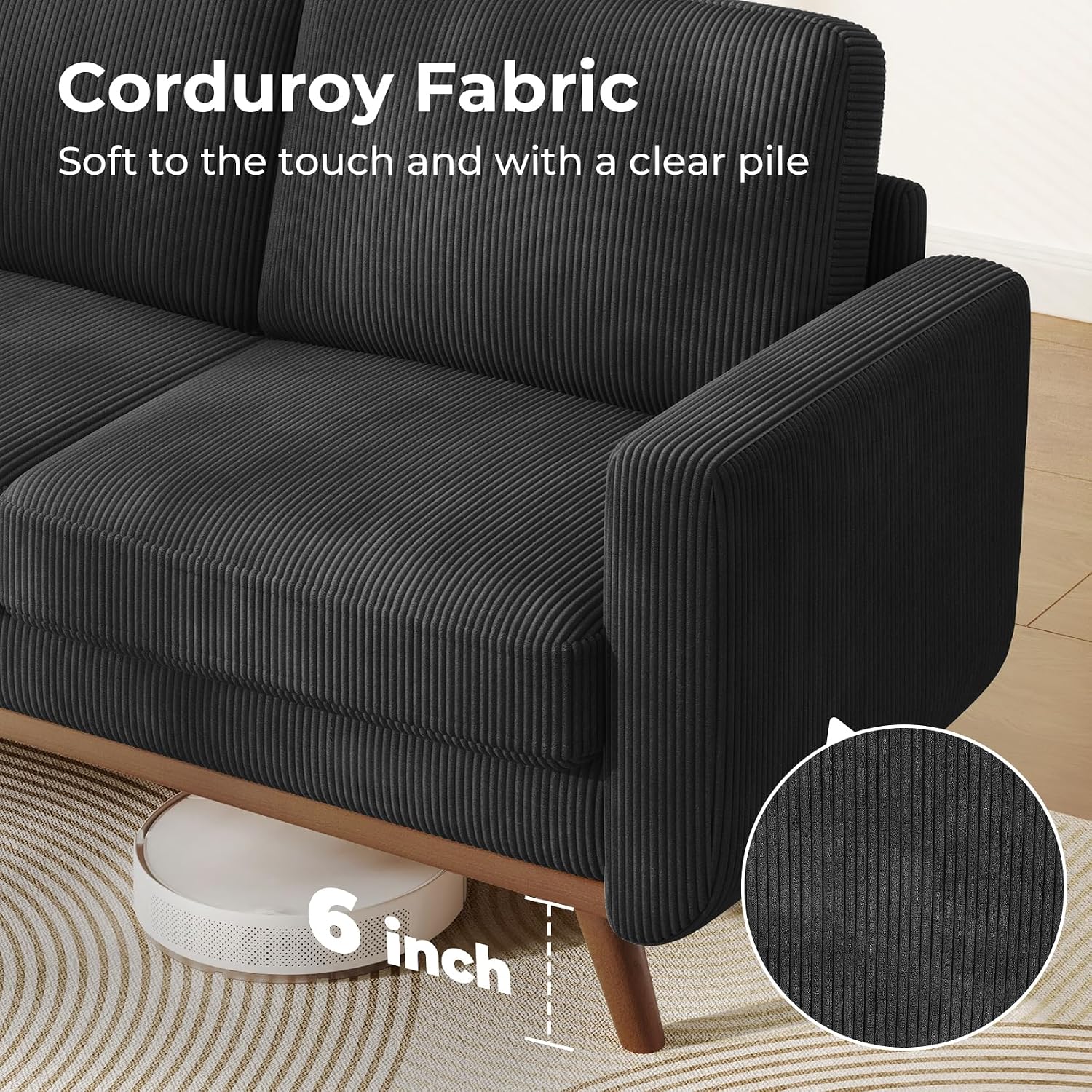 Vesgantti 68' Loveseat Sofa Black, Comfy Corduroy Couch with Spring Cushion and Solid Wood, Modern Extra Deep Seat for Bedroom, Living Room, Office