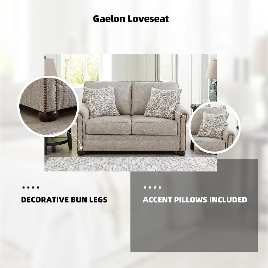 Signature Design by Ashley Gaelon Transitional Loveseat with Nailheads and 2 Accent Pillows, Beige