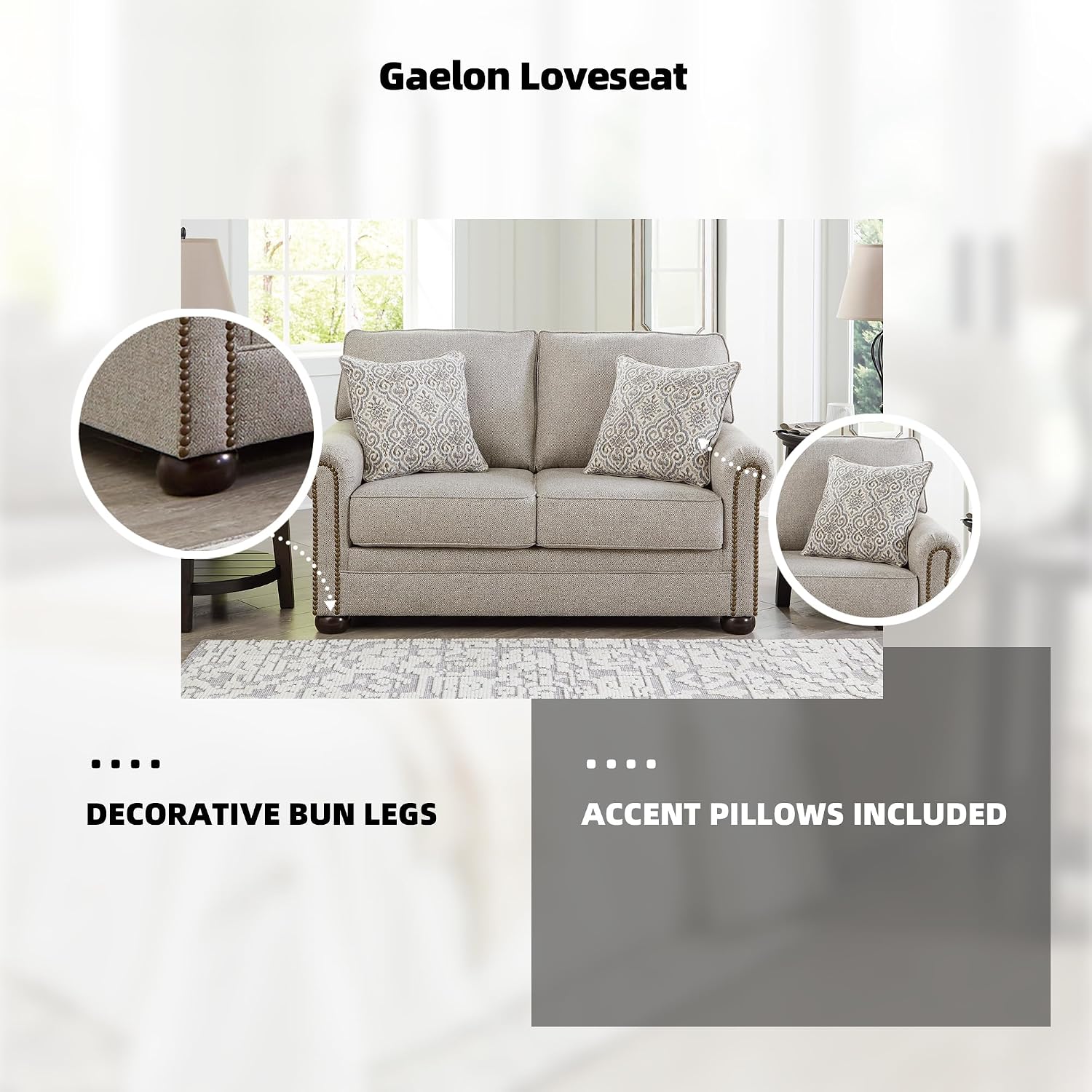 Signature Design by Ashley Gaelon Transitional Loveseat with Nailheads and 2 Accent Pillows, Beige