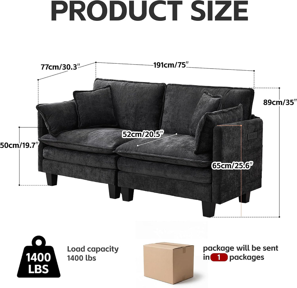 Modular Sectional Sofa, 75' Loveseat Modern Couches for Living Room, Comfy Cloud Couch with Deep Seat for Office and Apartment, with Charger, USB & Type-c Port, Black Chenille Fabric