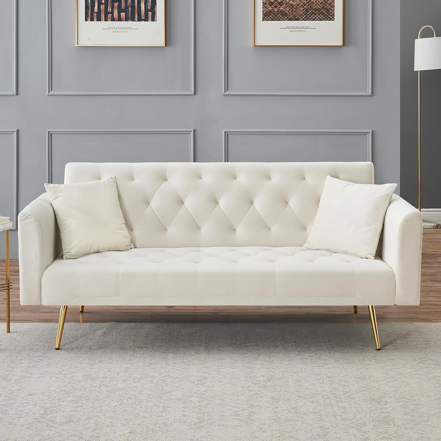 71' Modern Velvet Sofa Bed Futon, Convertible Sleeper Couch with Adjustable Backrest, Tufted Recliner Loveseat with Golden Chrome Legs & 2 Pillows for Small Spaces, Living Room, Apartment (Beige)