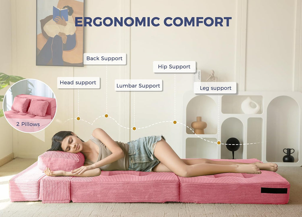 MAXYOYO Convertible Sofa Bed, Fold Out Sleeper Sofa with Pillow, 4 in 1 Tufted Folding Couch Bed Foam Floor Couch, Lazy Chair for Living Room Bedroom Guest Room, Pink