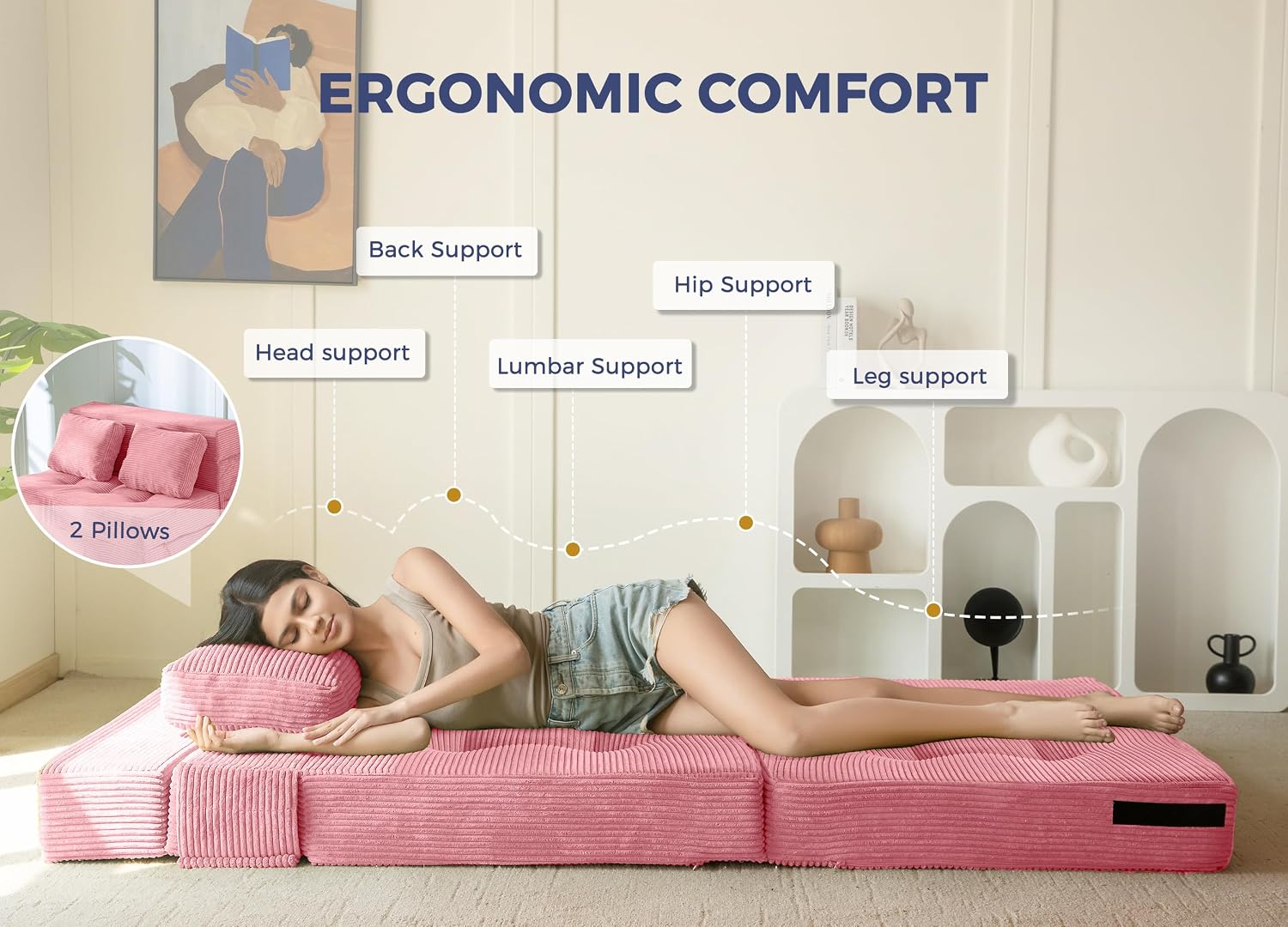 MAXYOYO Convertible Sofa Bed, Fold Out Sleeper Sofa with Pillow, 4 in 1 Tufted Folding Couch Bed Foam Floor Couch, Lazy Chair for Living Room Bedroom Guest Room, Pink