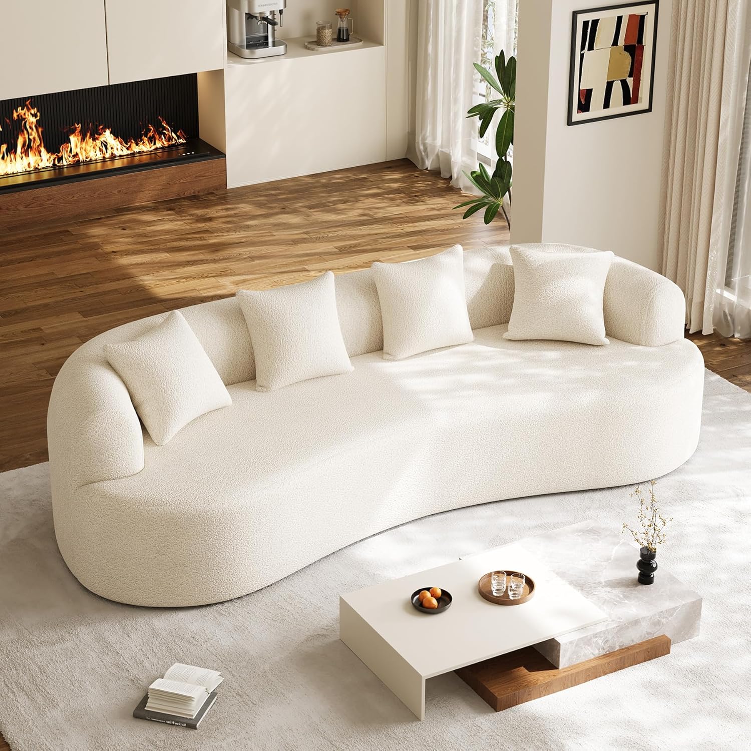 Oversized Sectional Sofa for Living Room, Modern Luxury Plush Chenille 4-Seater Extra Deep & Wide Seat Curved Cloud Couch with 4 Throw Pillows, No Assembly Needed, Cream White