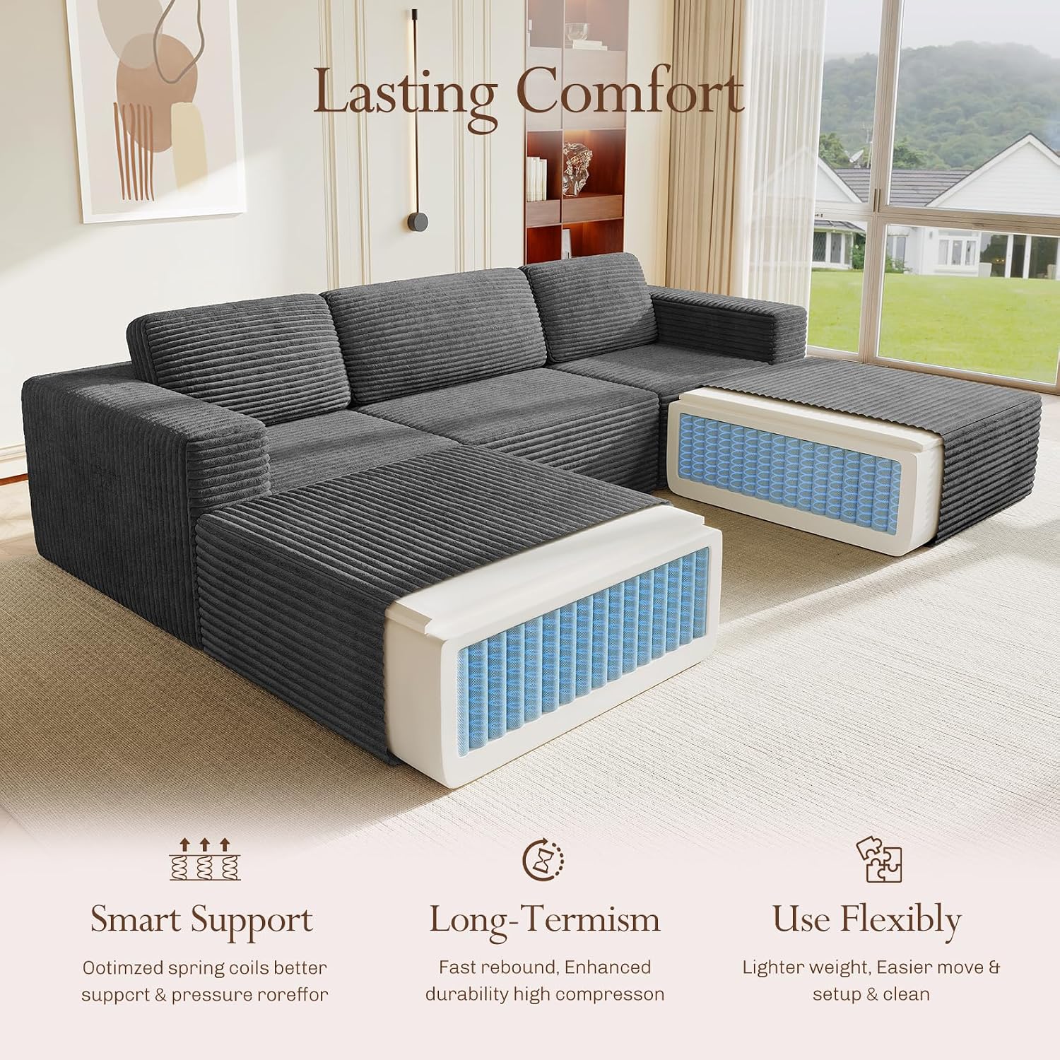 Vesgantti 119' Oversized U-Shaped Modular Sectional Sofa, Corduroy Cloud Couch with Deep Seating & Spring Support, Convertible Sofa with 2 Ottomans, Boneless Couch, No Assembly Required, Grey
