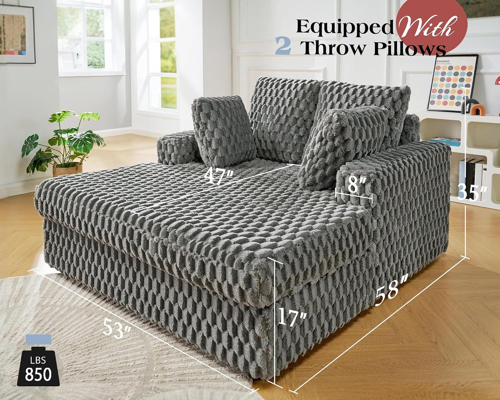 VanAcc 58 Inch Chaise Lounge Indoor, Upholstered Sofa Bed with Throw Pillows and Armrests, Sleeper Bed- Plush Lounge Chair for Living Room, Ash Grey