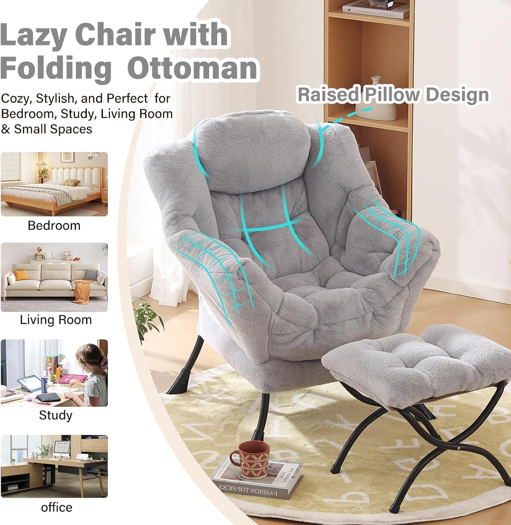 Furlide Lazy Chair with Ottoman, Modern Accent Chair with Armrests and a Side Pocket, Plush Grey Accent Chairs, Reading Chairs, Oversized Armchairs for Bedroom, Study, Living Room, Courtyard