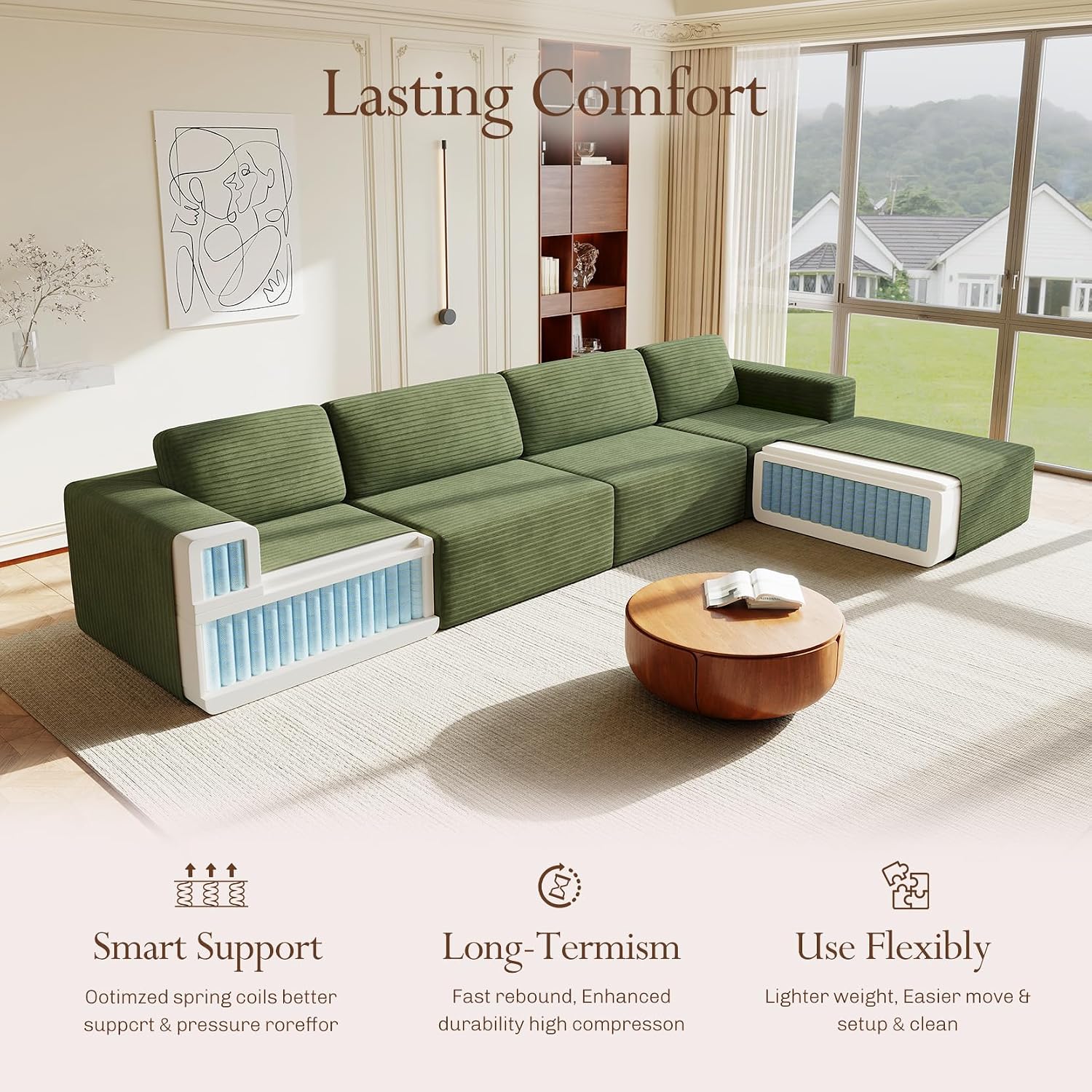 Vesgantti 159' Large Modular Sectional Sofa, L-Shaped Corduroy Cloud Couch with Deep Seats & Spring Support, 4-Seater Boneless Sofa with Movable Ottoman, No Assembly Needed, Green