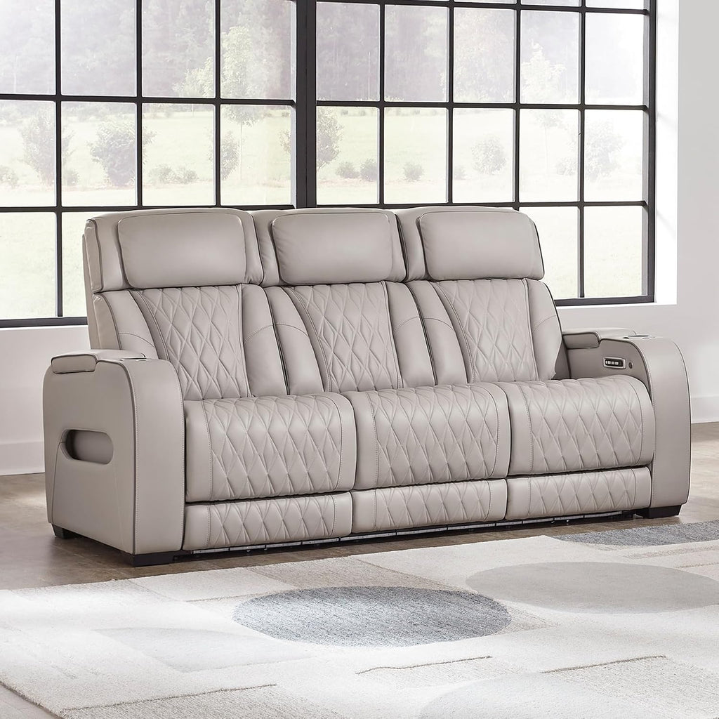 Signature Design by Ashley Boyington Contemporary Leather Match Power Reclining Sofa with USB Charging Ports, LED Lights and Adjustable Headrest, Light Gray