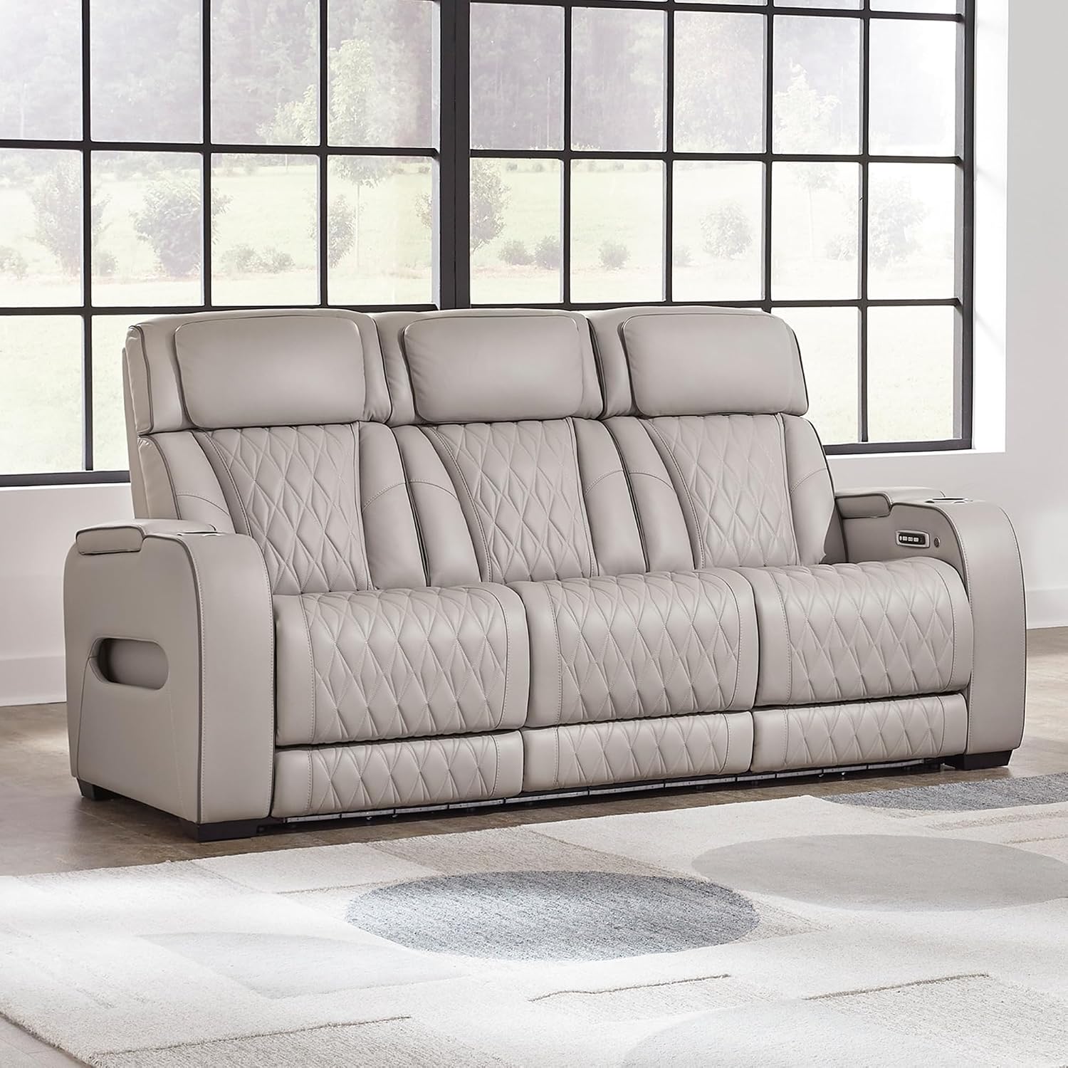 Signature Design by Ashley Boyington Contemporary Leather Match Power Reclining Sofa with USB Charging Ports, LED Lights and Adjustable Headrest, Light Gray
