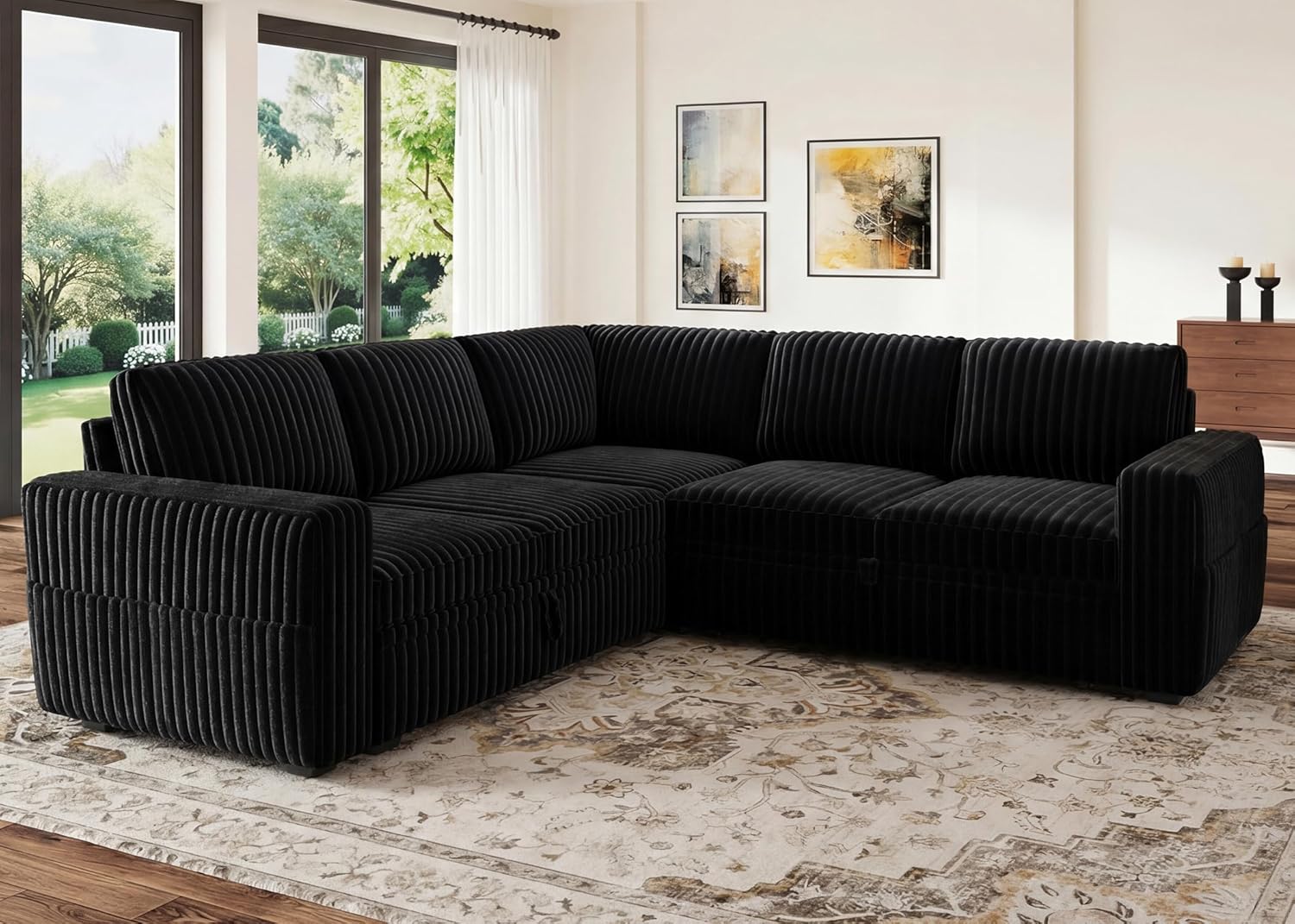 HONBAY Modular Sectional Sleeper Sofa with Pull Out Bed,Corduroy L Shaped Couch with Storage, Sectional Couches for Living Room,Black